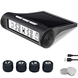 B-Qtech Solar Power Tire Pressure Monitoring System TPMS Tire Monitor with 4 External Sensors 0-6Bar(87Psi), Real Time Pressure Temperature Alarm for RV Trailer Pickup, Add 2 Additional Batteries