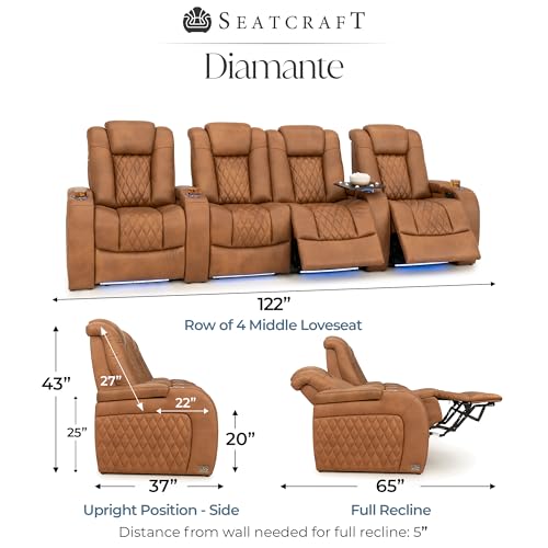 Image of Seatcraft Diamante Tawny Italian Leather Home Theater Seating, Zero Gravity Power Recliner Gaming and Home Office Chair, Powered Headrest Lounge Sofa Furniture Cinema Room, Row of 4 Middle Loveseats