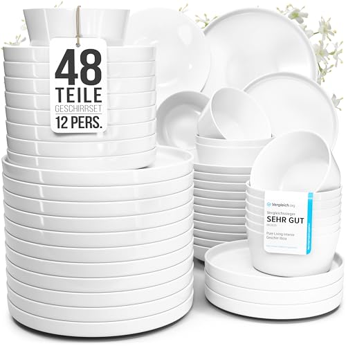 Porzellan Geschirrset 12 Personen Crystal 48 tlg. TESTSIEGER, Cooles klares Porzellan Geschirr Set, Schüssel- und Teller Set, Tafelservice 12 Personen, Geschirrsets Pure Living in weiß
