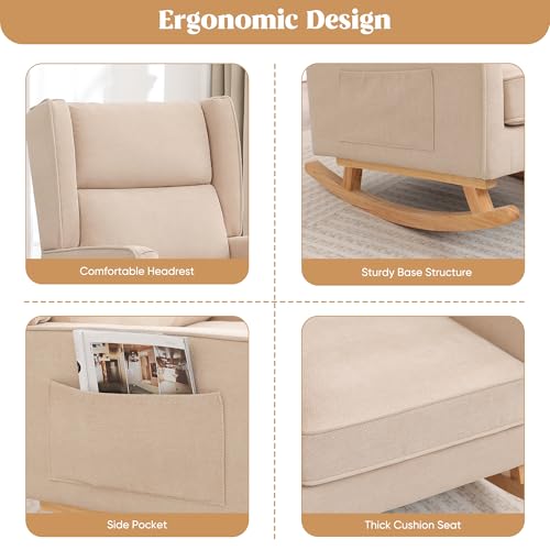 Image of HCHAIRH Nursery Rocking Chairs, Rocking Chair Nursery for Mom Nursery Rocker with High Backrest and Solid Wood Legs, Khaki Modern Wingback Accent Chair for Reading Living Room Bedroom