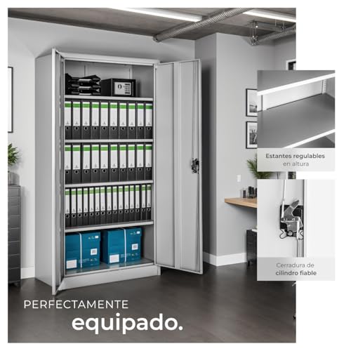 Miniatura 6 de Tectake Armario Archivador Oficina En Acero, Armario Exterior E Interior Con Cerradura, Armario Multiusos Con 2 Puertas, 4 Estantes Ajustables Y 5 Alturas, Fácil Montaje, 180x80x40 Cm - Gris Claro