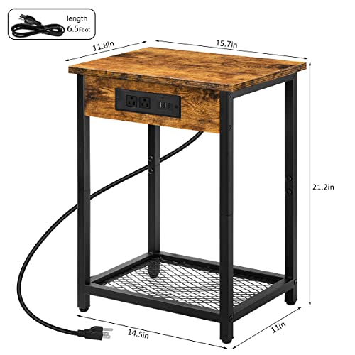 Melos Nightstands With Charging Station, 2 Tier Bedside Table With Usb Ports And Outlets, Narrow End Table With Storage Shelf, Side Tables For Bedroom, Living Room, Rustic Brown #TOP2