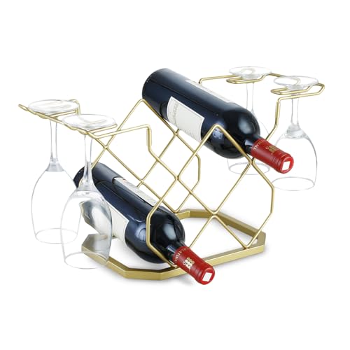 XUCHUAN Countertop Wine Bottle Rack with Glass Shelf,Hold 5 Wine