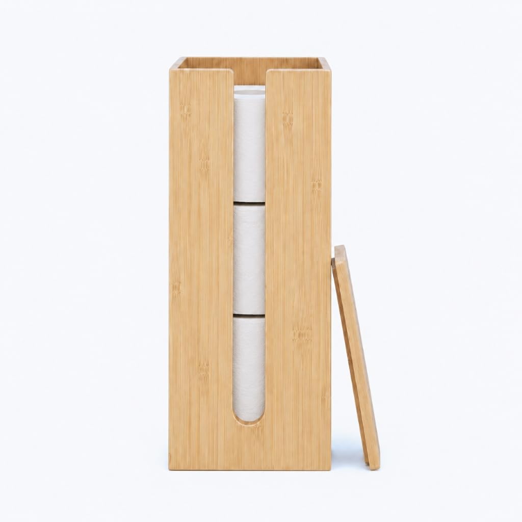 Woodluv Square - Natural Toilet Roll Holder Stand, Free-Standing Toilet Paper Storage Holder, Square Toilet Paper Loo Roll Holder Stand For Bathroom & Toilets