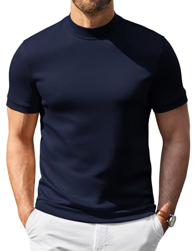 COOFANDY Mens Mock Turtleneck Sweater Short Sleeve 2026 Stylish Slim Fit Fashion Basic Underwear Blue