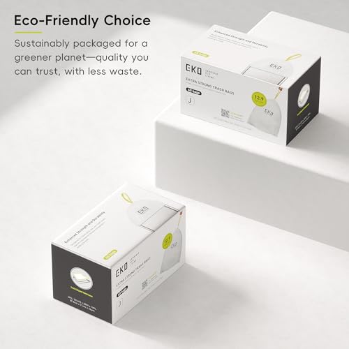 Image of EKO 12.9 Gallon / 45-49 Liter, 60 Count Drawstring Trash Bags, Extra-Strong Unscented Garbage Bags, Easy-Dispense Roll for Kitchen & Household Use, Resists Tears, Leaks and Punctures, Code J, White
