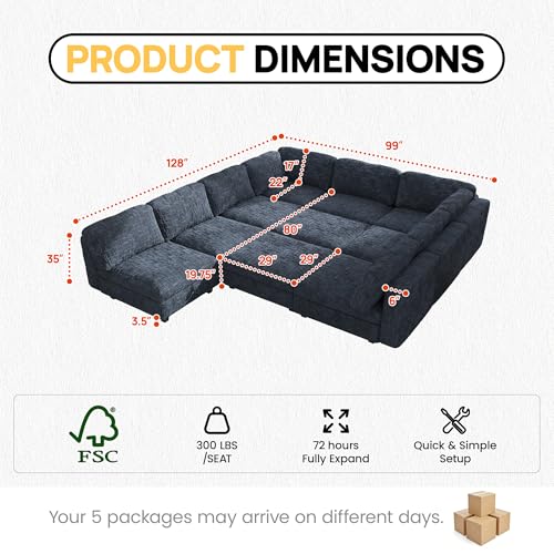 Image of Oversized Modular Sectional Chenille Sofa Bed with Hidden Storage, Comfy Modern 10 Seater Deep Seat Couch, Modular Sectional with Ottoman and Removable Cover for Living Room, Apartment, Black