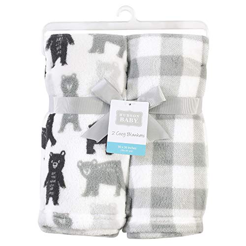 Image of Hudson Baby Unisex Baby Silky Plush and Coral Fleece Blanket, Bears And Plaid, 30x36 inches