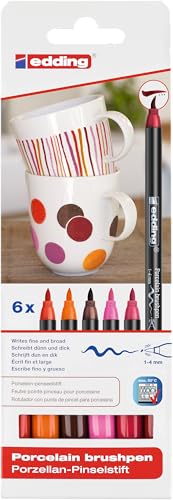 edding 4200 porcelain brush pen - 3x red, orange, brown, pink - 6 pens - brush nib 1-4 mm - felt-nib pen for painting and decorating ceramics, porcelain - dishwasher-safe, lightfast ink, quick-drying