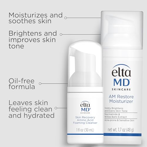 Image of EltaMD AM Restore Face Moisturizer and Skin Recovery Amino Acid Foaming Facial Cleanser Set, For Acne-Prone and Sensitive Skin, 1.7 Fl Oz Moisturizer and 1 Fl Oz Face Cleanser