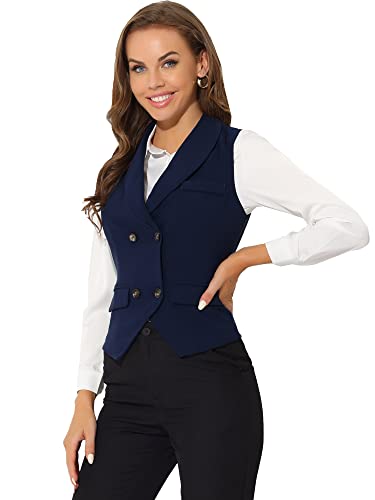 Allegra K Gilet élégant pour femme à double boutonnage châle revers gilet de costume sans manches Bleu Foncé M Cover