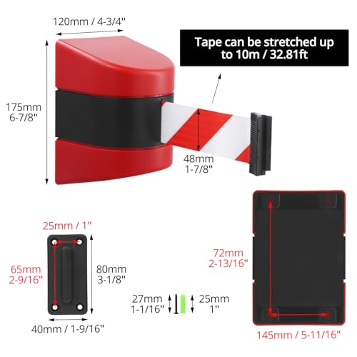 QWORK® 10m Einziehbare Gürtelbarriere mit ABS-Kunststoff-Wandgehäuse, Rot/Weiß Absperrband mit Verriegelungsfunktion für Menschenmengenkontrolle bei Veranstaltungen