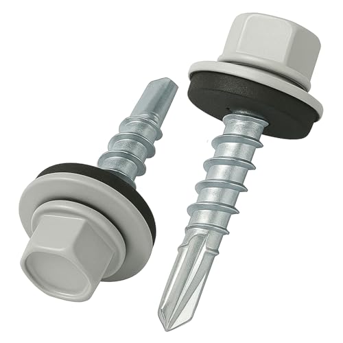 4.8 mm x 28 mm Viti per Tetto Autoperforanti Testa Esagonale Colorate (RAL 7035 Grigio Luce) Viti per Coperture con Rondella di Tenuta in EPDM Viti Temprate Zincate Antiruggine (50 pezzi)