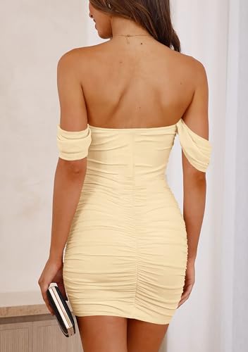 PRETTYGARDEN Cocktail Dresses 2025 Summer Off Shoulder Sexy Bodycon Ruched Mesh Graduation Wedding Guest Mini Short Dress