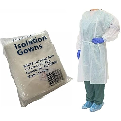 ProCure PC150WU - Procure Disposable Isolation Gowns 10-Count Longsleeve with Elastic Cuffs, Universal Size, White - Pack of 10 PPE Protective Isolation Gowns Cover