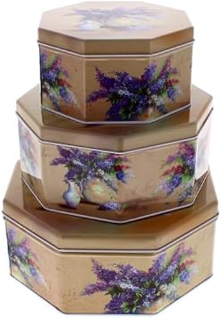 Set Of 3 Lilac Floral Design Cake Biscuit haberdashery Storage Tins