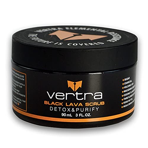 Vertra Black Lava Body Scrub - Exfoliating & detoxing body scrub with volcanic ash and charcoal, 3.4 Oz, purifying & softening with coconut and avocado oil