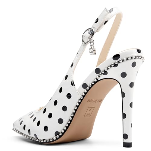 Image of NobleOnly Slingback Beaded Pumps for Women High Stiletto Heel Pointed Toe Slip-on Dress Sandals Adjustable Buckle Rhinestone Patent Leather 3.9 Inches Heels