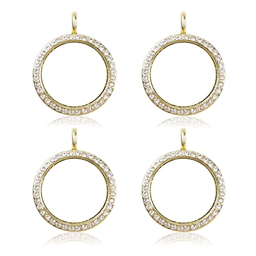WANDIC Rhinestone Photo Charms, 4 pieces Gold Round Memory Locket Pendant Bridal Wedding Bouquet Charms for Photo or Decoration 30mm
