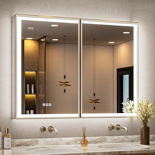 QueenFun 40x30 Lighted Medicine Cabinet with Mirror, Beveled Brushed Nickel Framed Surface or Recessed Fogless Dimmable LED Medicine Cabinet with Outlet, Time Display and Sensor Inner Light