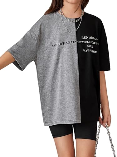 Image of OYOANGLE Girl's Graphic Print Colorblock Half Sleeve Round Neck Shirt Tops Summer Casual Loose Tee Shirts