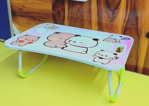 Image of Foldable Kids Study Table - Portable Multipurpose Bed Desk with Cup Holder & Handle, Cartoon Dudu and Bubu Design for Study, Drawing, Reading, Eating, Writing