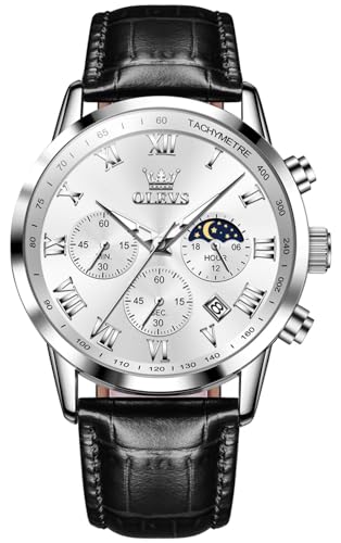 OLEVS Watch Men Black Leather Watch Mens Luxury Watches White Big Face Multi-Function Dress Moon Phase Quartz Analog Date Casual Fashion Chronograph Waterproof Watches for Men Relojes De Hombre