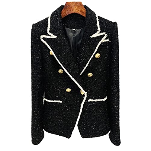 Alloaone Women Tweed Outwear Vintage Black Double Breasted Elegant Lady Autumn Winter Blazer Jacket2