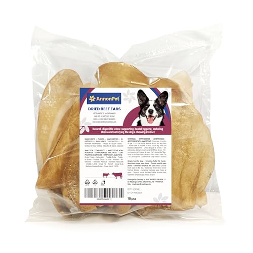AnnonPet® 10 Orecchie di Manzo Essiccate per Cani – Snack Naturale e Masticativo ad Alta Digeribilità – Ricche di Proteine, Senza Additivi – Ideali per Igiene Dentale, Antistress