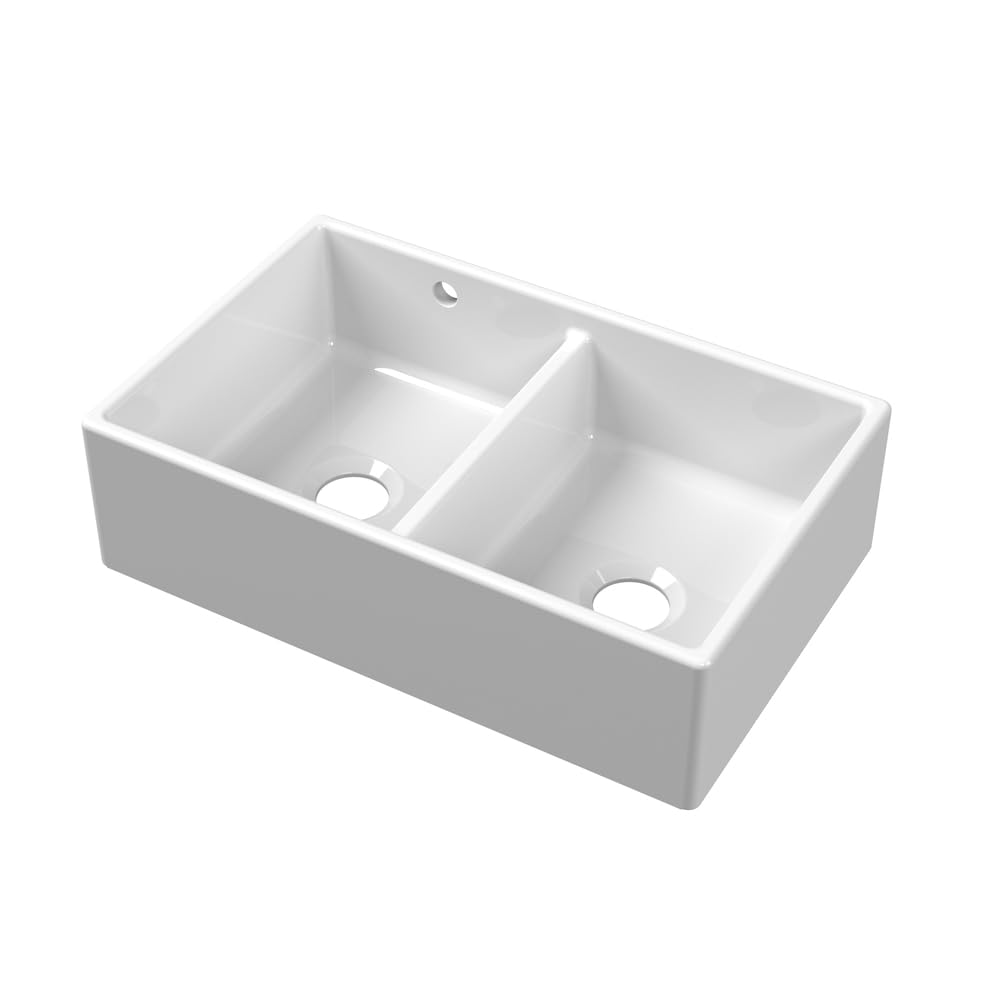 Milano Hendon White Fireclay Ceramic Rectangular Double Belfast Kitchen Sink - 795mm x 500mm