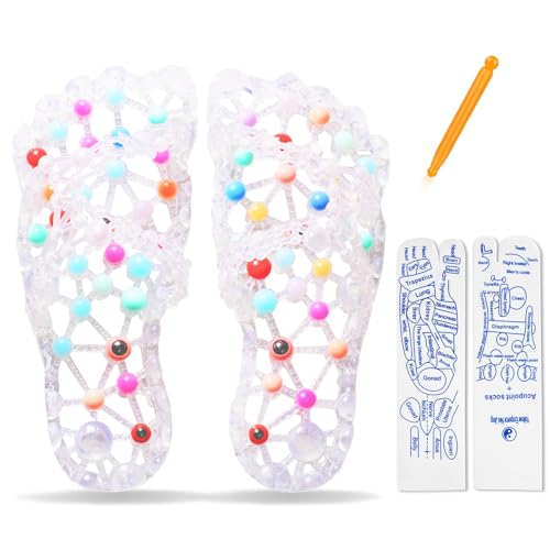 Acupressure Reflexology Circulation Slippers and Reflexology Socks with Tools, Foot Pain Relief Acupuncture Sandals,Massager Slippers for Plantar Fasciitis ,Stress Relief Gifts (White, S-Women (6-7))