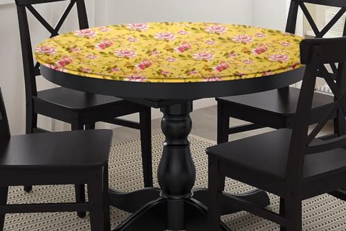 Image of The Furnishing Tree Elastic Cotton Round Dining Table Cover 36x36 in Inches Floral Pink Rose on Yellow Base