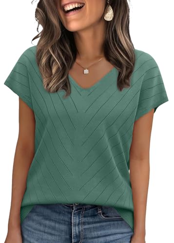 WIHOLL Womens Summer Tops Trendy Casual Cap Short Sleeve Sweater Beach Vacation Clothes Travel Outfits 2026 Casual V Neck T Shirts Soft Cute Spring Tops Tshirts Shirts for Women Dark Green L