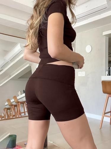 Image of AYWA Women's Two Piece Sets Summer Slim Fitted Short Sleeve Tops Foldover Shorts Matching Lounge Sets
