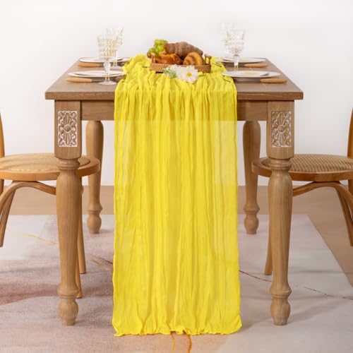 Image of MLMC 2 Pack Yellow Table Runner 10ft Rustic Summer Cheesecloth Table Runner Gauze Cheese Cloth Centerpiece Decororations 35x120 Inches for Wedding Baby Shower Outdoor Picninc Decor