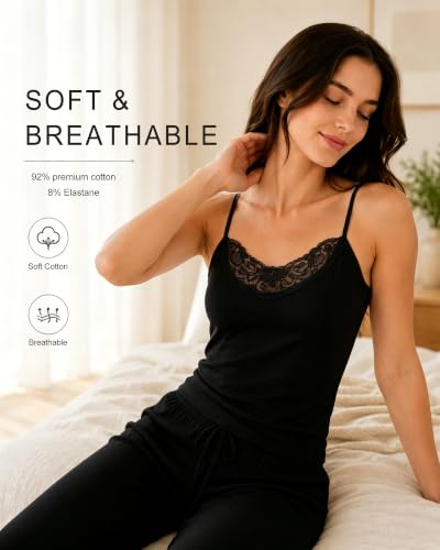 Image of Womens Tank Top Camisoles with Premium Cotton Italian Design - Trimmed with Flower Lace on Neckline