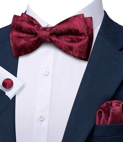 Image of Barry.Wang Paisley Striped Bow Tie for Men Silk Pre-Tied Bowtie Pocket Square Cufflinks Set Formal Wedding Party Prom
