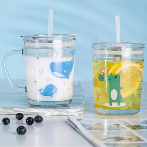 Image of Cute Cartoon Glass Tumbler with Lid and Straw - 400ml, Set of 1, Glass Coffee Mug with Handle, Reusable Drinking Cup for Iced Coffee, Milk, Juice, Tea, Home Office Gifts (Random Design Mug)