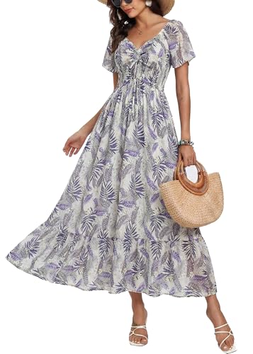 Image of Summer Smocked Boho Maxi Dress for Women 2026 Short Sleeve Floral Smocked Flowy Ruffled Beach Vacation Dresses Lightweight