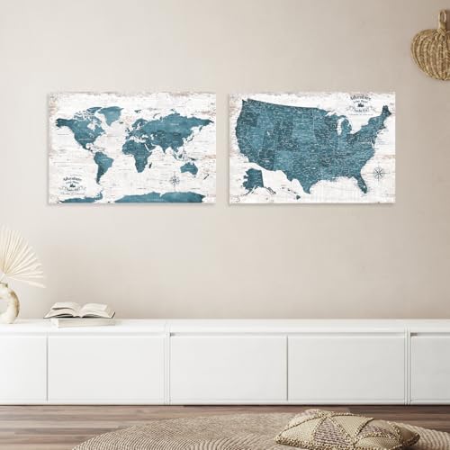 Image of IPIC - Antique Blue World Map & USA Map Canvas Wall Art Set of 2, Travel Wall Decor with Pins Included, Ready to Hang for Office or Living Room, 24x16 Inch