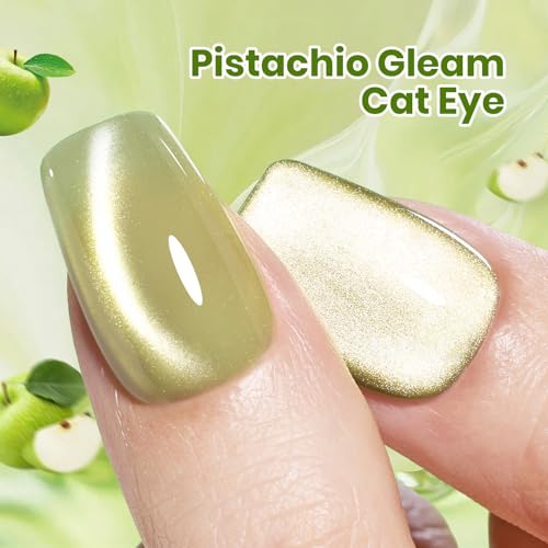Image of Beetles Taste of Spring Green Cat Eye Gel Nail Polish - 15ML Full Size Sage Green Cat Eye Glitter Magnetic Translucent Glassy Effect Pistachio Gleam Soak Off UV DIY Gift for Women