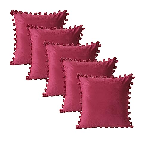 Amazon Brand - Umi Wine 16x16 Inch 5 Pc Decorative Velvet Tassel Fringe Design Throw Pillow Cover 40x40 cm Cushion Cover for Sofa, Living Room, Bed Room or Home Décor