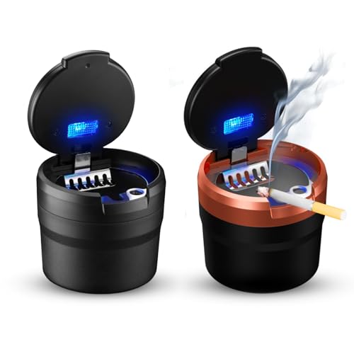 Geoyien Cenicero Coche con Tapa, Luz LED Totalmente Automática, Sellada, Resistente a Altas Temperaturas, Desmontable, Gran Capacida (Negro + Naranja)