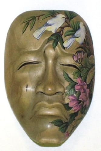 Sad Mask ~ Flora / Fauna Painted ~ Hibiscus Wood 11 Inch