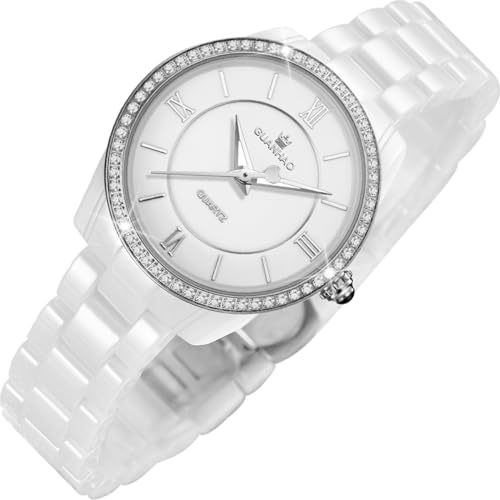 GUANHAO Montre en céramique pour femme - Montre élégante - Avec strass - Étanche - Calendrier - Verre minéral, B-Blanc argenté