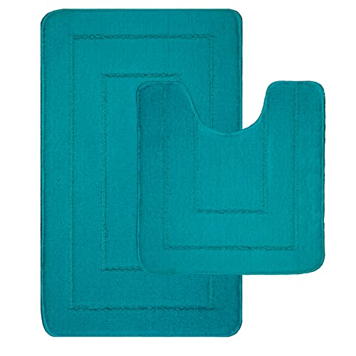 LifeStyle Comfort Ltd Non Slip Bath Mat 2 Piece Ichra Extra Soft Water Absorbent Bathroom Mats 100% Polypropylene Washable Pedestal Bath Rug Shower Bath Mat Bathroom Rug for Toilet (Teal)