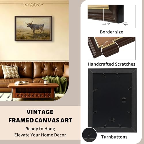 Image of Antique Framed Longhorn Cattle Canvas Wall Art, Western Farm Animal Oil Painting Canvas Prints, Vintage Ranch Wall Decor Pictures for Living Room Bedroom Office Bathroom