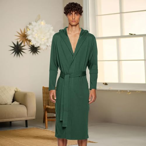 HOLOVE Cotton Lightweight Hooded Bathrobe for Men Summer Soft Spa Light Weight Bath Robes Plus Size Sleepwear(Sage Green L/XL), Sage Green, L-XL
