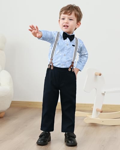 Image of YALLET Toddler Baby Boy Clothes Suit Gentleman Wedding Outfits Formal Dress Shirt+Bowtie+Suspender Pants