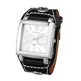 OIDEA Orologio da polso da uomo in pelle: orologio da polso quadrato, al quarzo, analogico, stile Steampunk, numeri arabi, regalo di Natale e festa del papà, Quadrante nero bianco